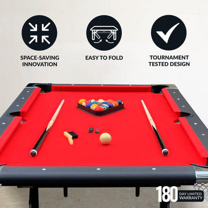 Hathaway Fairmont 6 Foot Folding Pool Table – Includes Full Set of Billiard Balls, Cues, Chalk, Triangle, and Carrying Bag – Portable Billiard Table with Red Felt, Black Finish