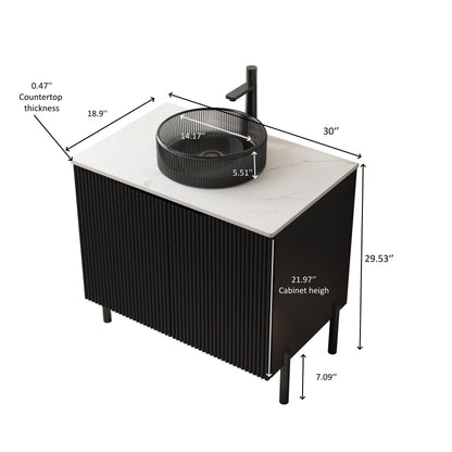 GDFStudio 30" Freestanding Bathroom Vanity with Sink, Turio Black Storage Cabinet with Double Doors, Carrara White Sintered Stone Countertop, Soft Close System, Modern Black Round Glass Basin