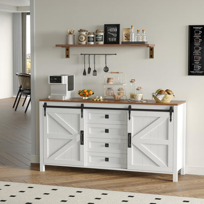 60" Farmhouse Sideboard Buffet Cabinet with Sliding Barn Doors & 4 Drawers, White Kitchen Cabinet with Storage for Dining Room, Coffee Bar, 31.5" Tall Wooden Sideboard TV Stand Console Table