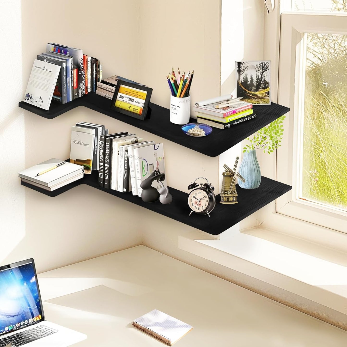 Set 4, Muzilife Corner Floating Shelves Wooden Floating Shelve of Wall Mounted for Storage, L-Shaped Shelves for Wall