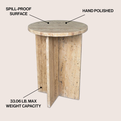 JONATHAN Y Javier Solid Travertine Marble End Table, 14-inch Round Modern Accent Side Table with Geometric Cross Base for Living Room, Bedroom, Glossy Natural Stone, Fully Assembled MTB1103C