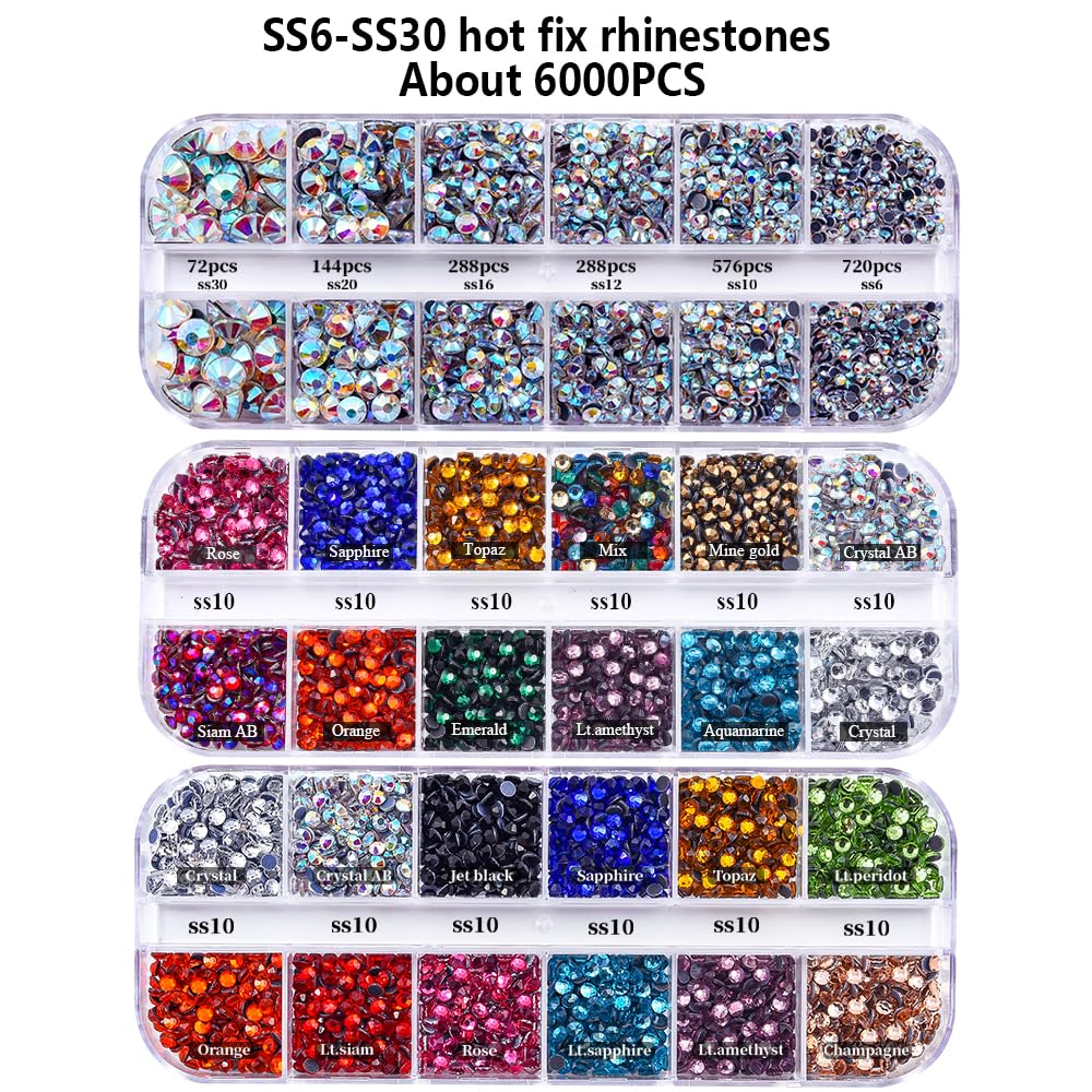 blinginbox Hotfix Applicator Tool DIY Hot Fix Rhinestone Setter Hot Fixed Kit 6000 Pcs 30/20/16/12/10/6SS 16 Colors Bigger Crystal Gems Picker Bedazzler Kit with Rhinestones Bedazzler Gun