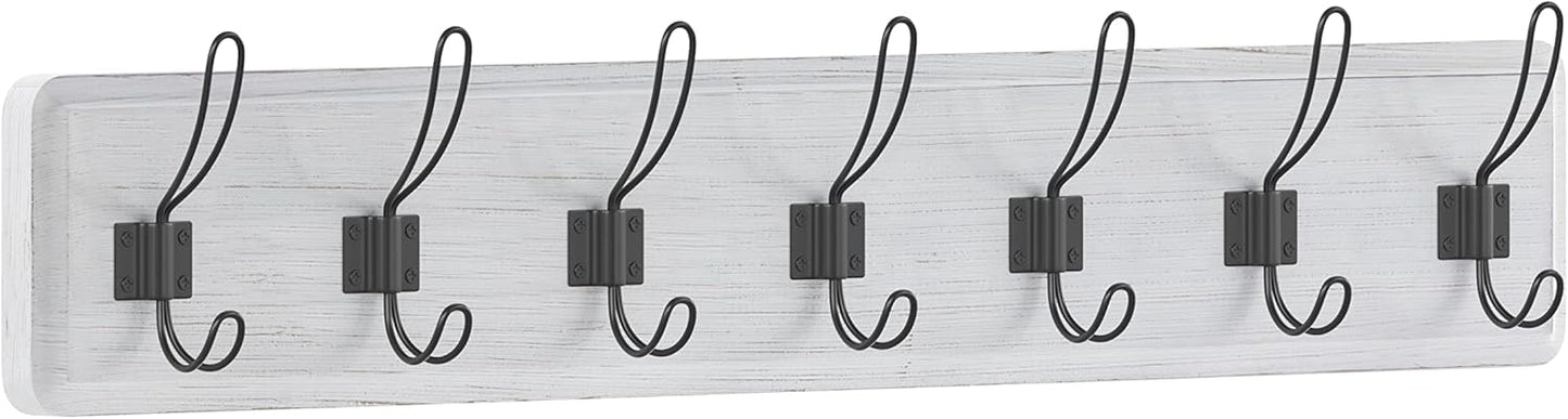 HBCY Creations Whitewash Solid Wood Wall Mounted Coat Rack with Shelf, 7 Hooks, 34" Long for Kitchen, Mudroom, Entryway