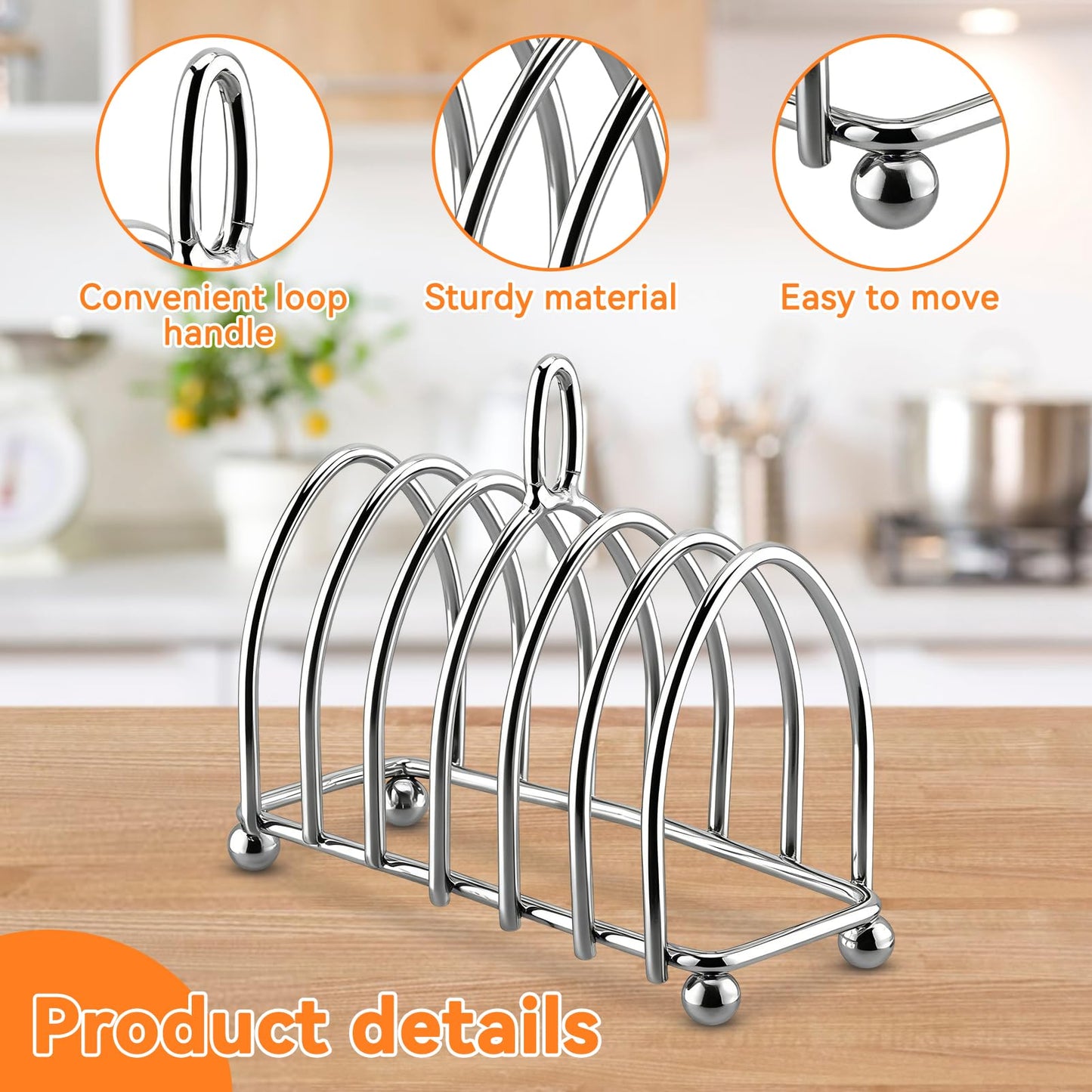 Frdhee Toast Rack English Style, 6 Slice Bread Holder, Stainless Steel Toast Holder Stand with Ball Feet, Vintage British Bread Loaf Grid Cooling Station with Handle for Kitchen Bakeware