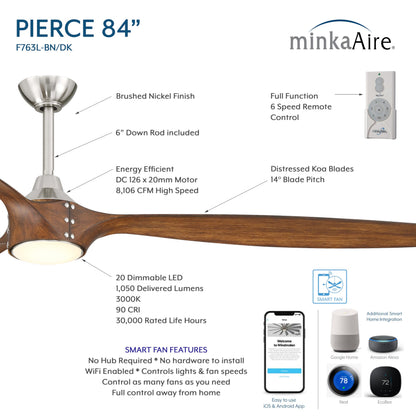 MINKA-AIRE F763L-BN/DK Pierce 84" 3-Blade LED Smart Ceiling Fan - Brushed Nickel and Distressed Koa Finish Blades with Etched Lens