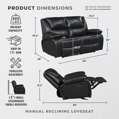 Lexicon Manual Double Reclining Loveseat - Top Grain Leather Match Manual Tab Pull Loveseat Recliner for Living Room, Wall Hugger, Pillow Top Arms, Padded Headrest, Foam Over Pocket Coils Seat, Black