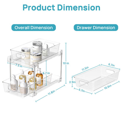 Vtopmart 4 Pack Bathroom Organizer, 2 Tier Clear Under Sink Organizers Vanity Countertop Storage Container,Cabinet Drawers Bins, Pull-Out Organization with Track for Pantry, Kitchen