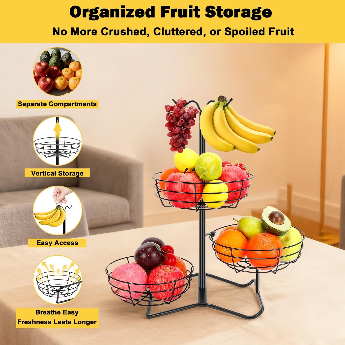 Winmien 3 Tier Fruit Basket Bowl with 2 Banana Hooks, Solid Metal Standing Vegetable Storage for Kitchen Counter, Large Capacity Organizer for Bread Snack Produce (Black)