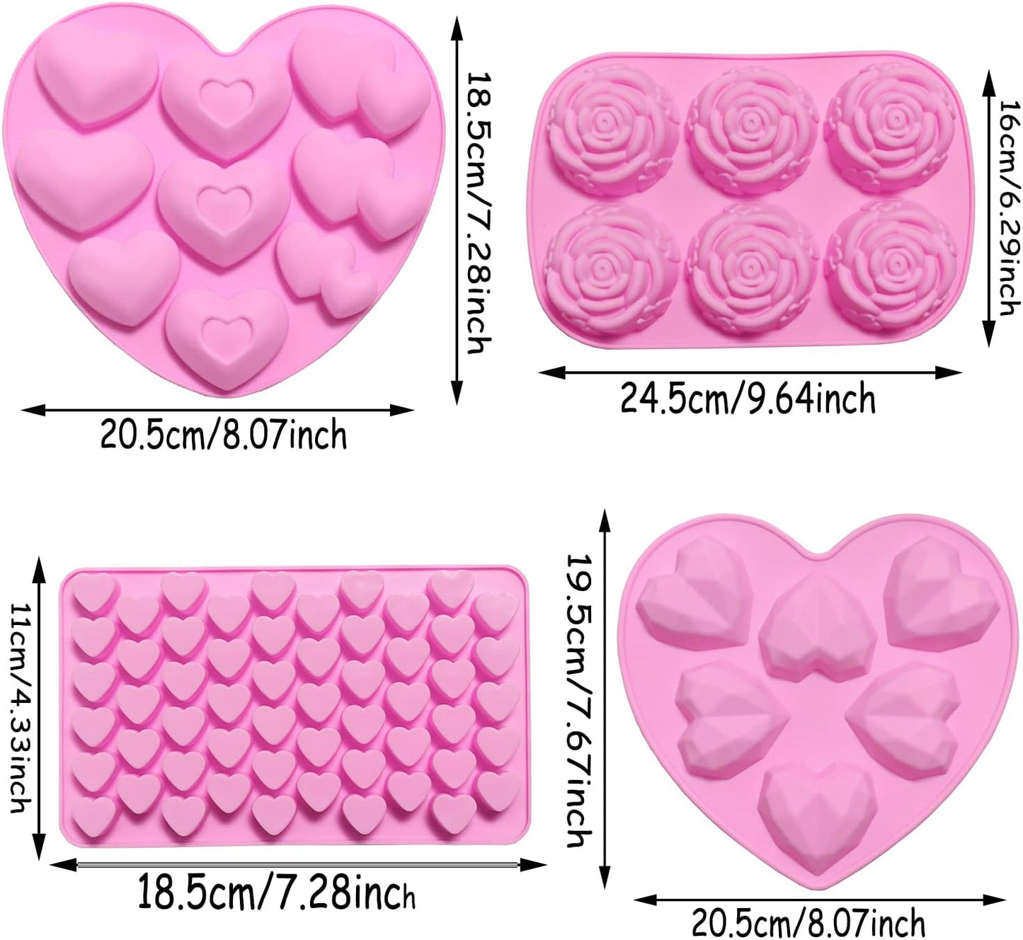 6PCS Diamond Heart Silicone Mold, Valentines Day Rose Flower Chocolate Mold with 2 Liquid Droppers for Baking