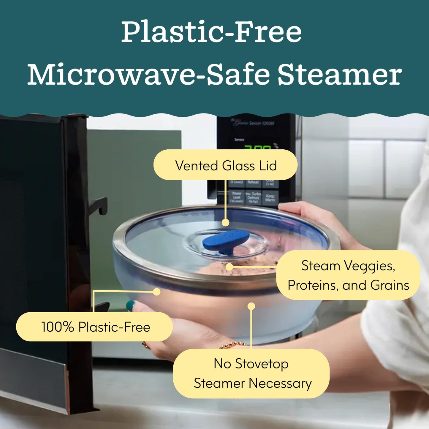 Anyday 7-Cup Glass Microwave Steamer for Vegetables – BPA-Free Glass Vegetable Steamer Bowl with Vented Lid, Healthy Microwave Cooking Container for Broccoli, Veggies, Meal Prep (Clear Black Sesame)