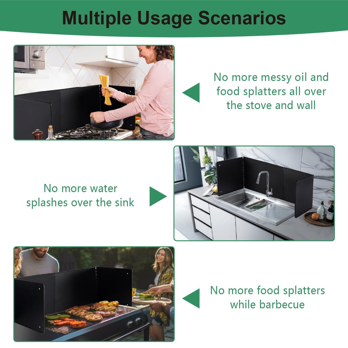 Black Large 4 Sided Splatter Guard for Frying Stove Top,Oil Splash Guard Cooking for Stove,Non Stick Foldable Splatter Screen for Stove Top