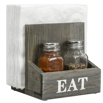 MyGift Napkin Holder with Salt and Pepper Shakers, Vintage Gray Solid Wood Table Napkin Holder, 2 Compartment Salt and Pepper Holder and Condiment Server with White EAT Label