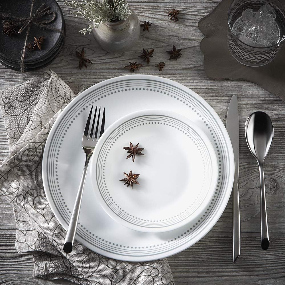Corelle Vitrelle 18-Piece Service for 6 Dinnerware Set Triple Layer Glass and Chip Resistant, Lightweight Round Plates and Bowls Set, Mystic Gray