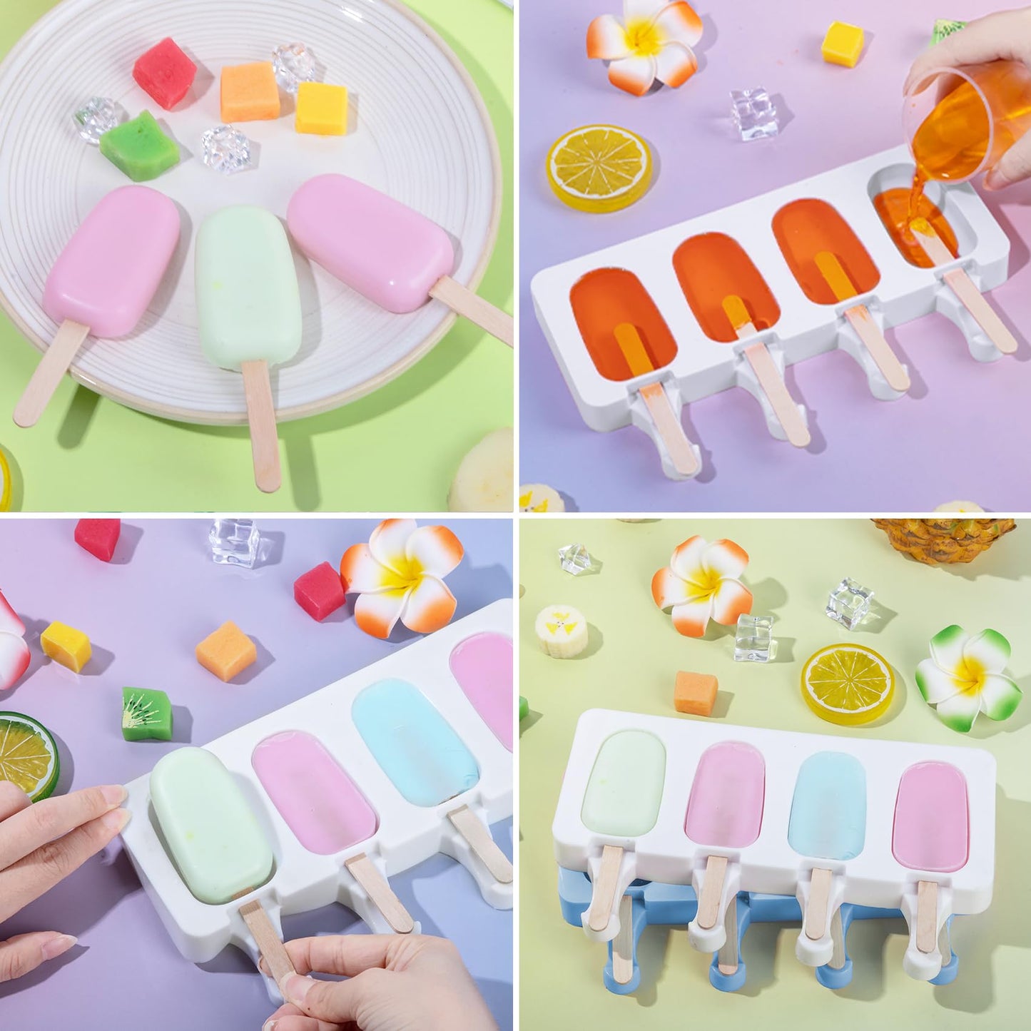 Ouddy Life Popsicle Molds Set of 2, Ice Pop Molds Silicone 4 Cavities Ice Cream Oval Cake Pop Mold with 50 Wooden Sticks for DIY Popsicle, Clear