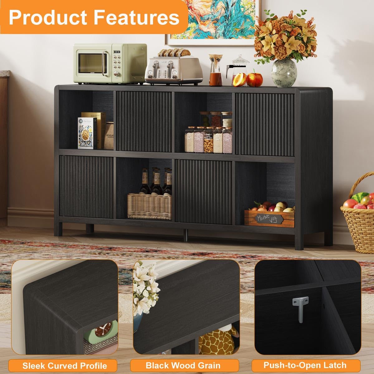 FATORRI 8 Cube Storage Organizer Bookshelf with 4 Doors, Low Horizontal Bookcase with Storage, Long Wood Book Shelf for Dining, Home Office (Black)