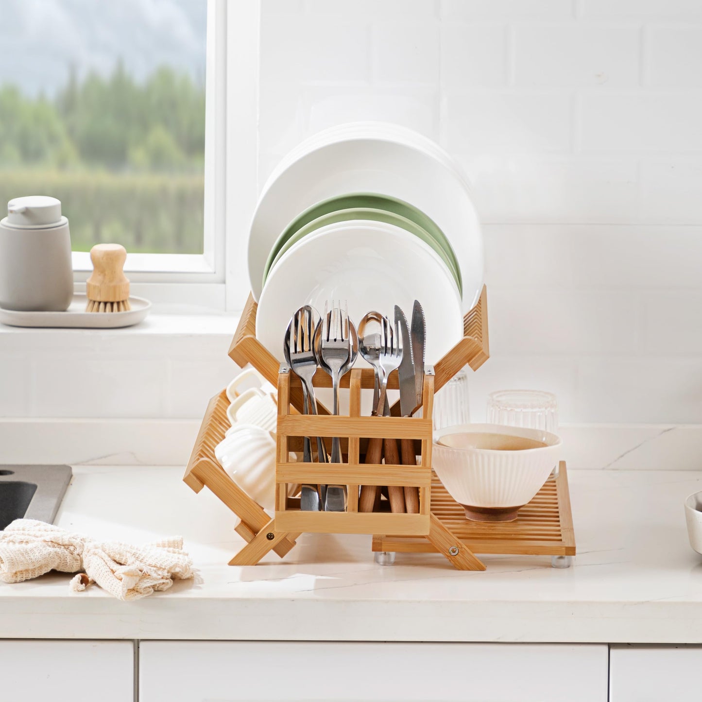 Oyydecor Bamboo Dish Drying Rack with Utensil Holder, 3 Tier Collapsible Dish Rack for Kitchen Counter, Large Folding Drying Holder, Dish Drainer, Kitchen Organizers and Storage