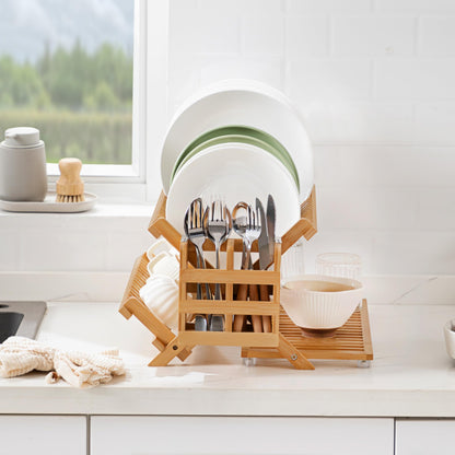Oyydecor Bamboo Dish Drying Rack with Utensil Holder, 3 Tier Collapsible Dish Rack for Kitchen Counter, Large Folding Drying Holder, Dish Drainer, Kitchen Organizers and Storage