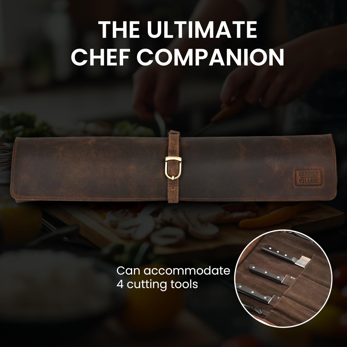 LEATHER VILLAGE Genuine Leather Knife Roll Bag – Professional Chef Carrying Case, Durable Sheath Holder, Cooks & Culinary Tools Organizer, Portable Travel Storage with 4 Slots & Zipper - Rustic Brown