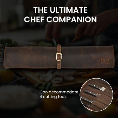 LEATHER VILLAGE Genuine Leather Knife Roll Bag – Professional Chef Carrying Case, Durable Sheath Holder, Cooks & Culinary Tools Organizer, Portable Travel Storage with 4 Slots & Zipper - Rustic Brown