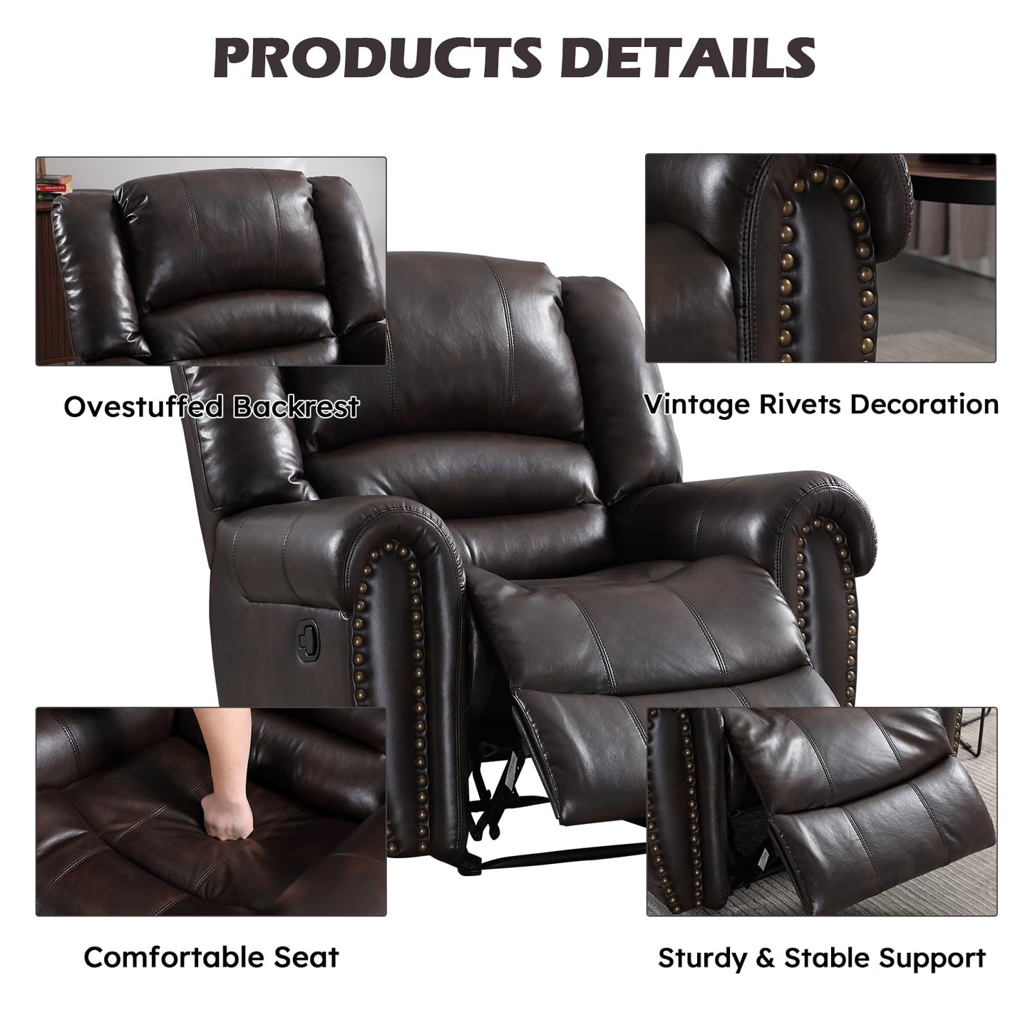 CANMOV Leather Recliner Chair, Classic and Traditional Manual Recliner Chair with Comfortable Arms and Back Single Sofa for Living Room, Dark Brown