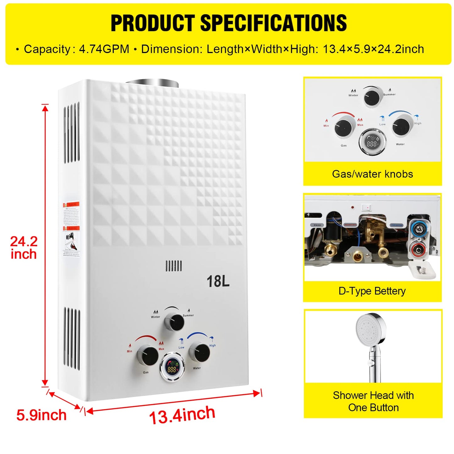 Tankless Water Heater Propane 4.74GPM 18L Outdoor Portable GasHot Water Heater Instant Propane Water Heater with Digital Display Multi-Protection for Camping Trips Boat