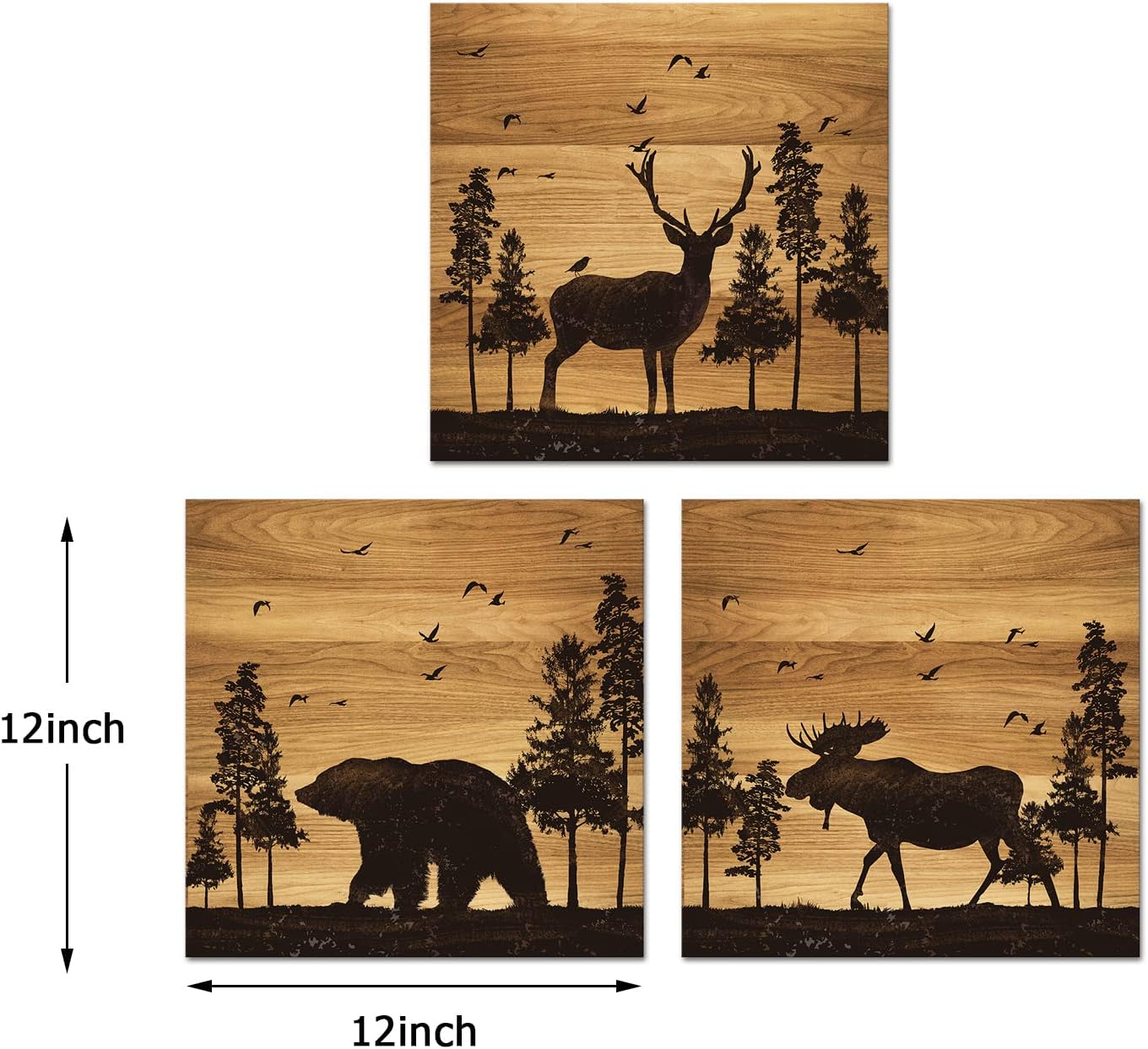 12"x12"x3 Apicoture Bear Elk Moose Wall Pictures Forest Landscape Hunting Theme Woodland Animal Painting Framed Canvas