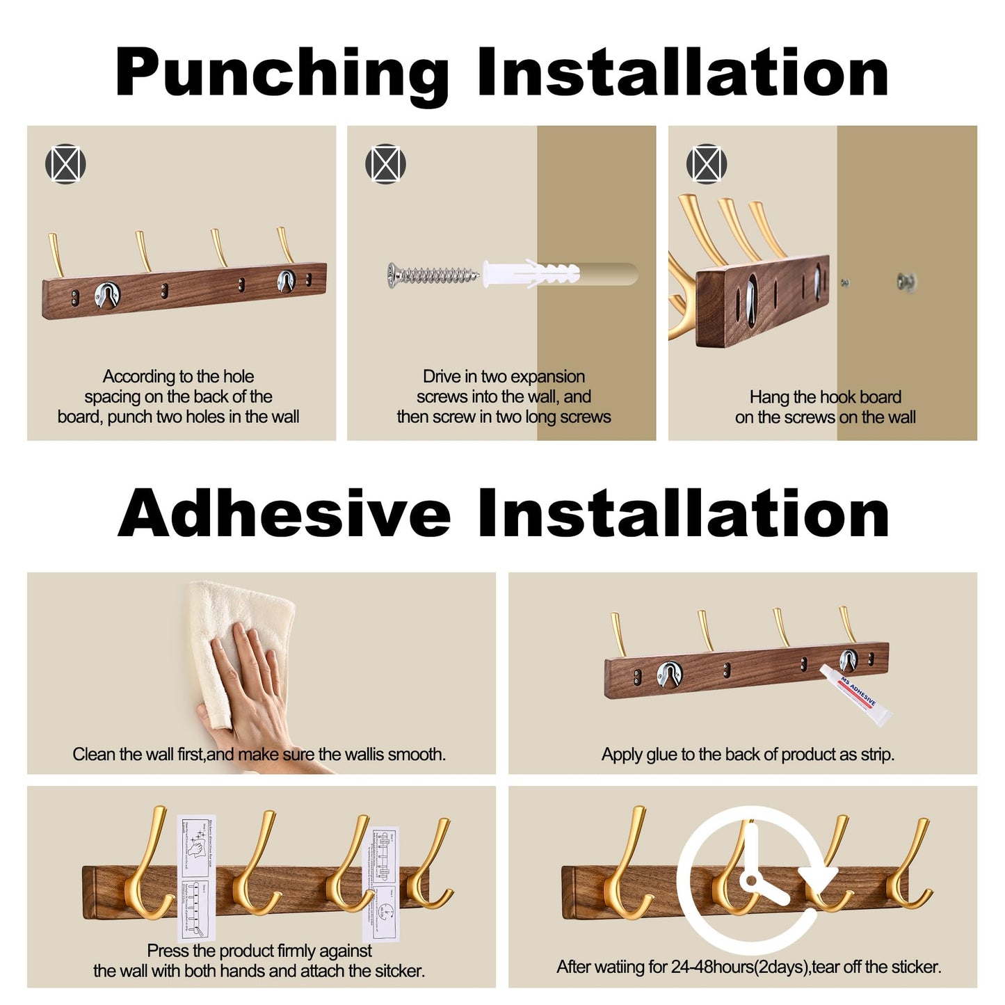 LECHYN 17.3" Small Walnut Wood Coat Rack Wall Mount with 4 Hooks, Heavy Duty Wooden Jacket Hanger Door Mounted for Decorative Entryway Bathroom Hanging Towel Backpack Purse Clothes Hat Key Gold