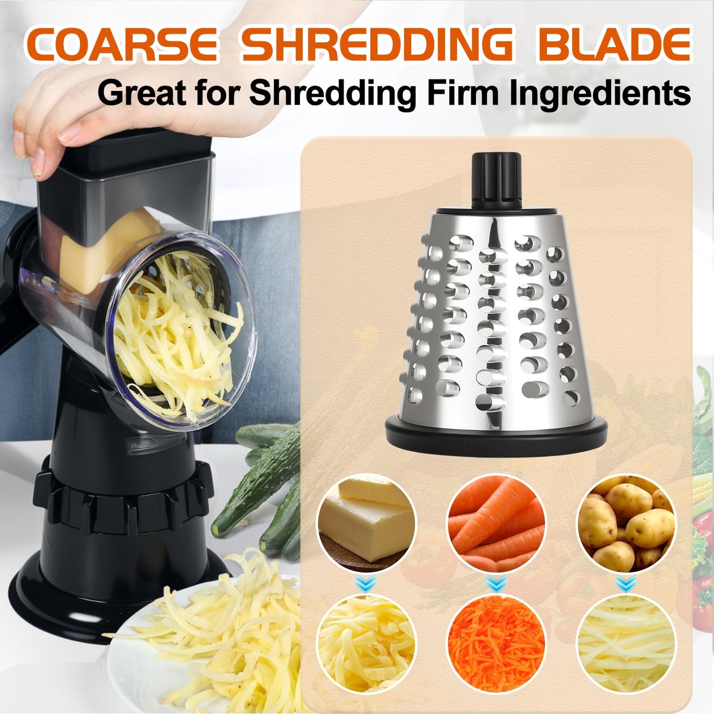 Rotary Cheese Grater Hand Crank, Vegetable Slicer with 3 Blades, Stable Suction, Labor-Saving Handle, Cheese Shredder for Potato Vegetables Nuts Chocolate, Black