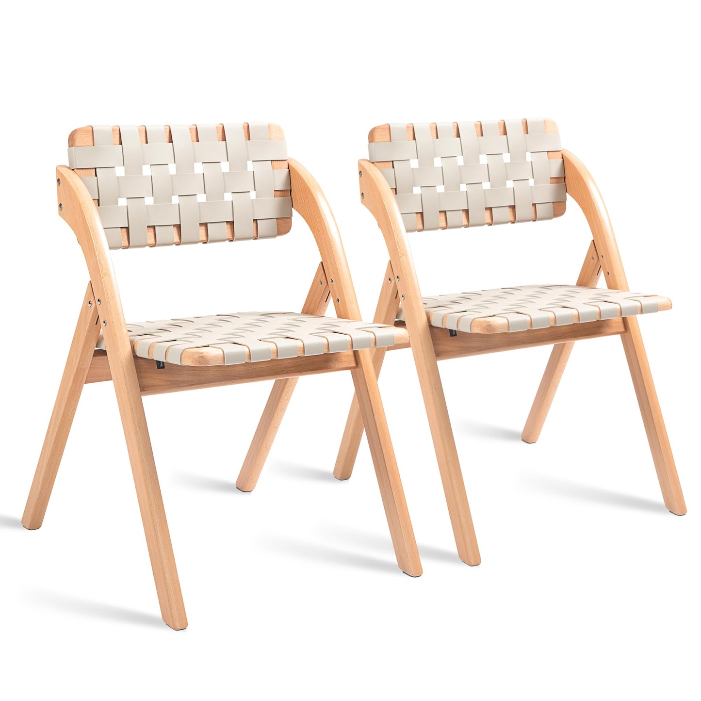 HOMEFUN Folding Dining Chairs Set of 2, Wooden Foldable Chair with Leather-Woven Backrest and Widened Seat Extra for Guests Kitchen Office Wedding Picnic Ivory-White