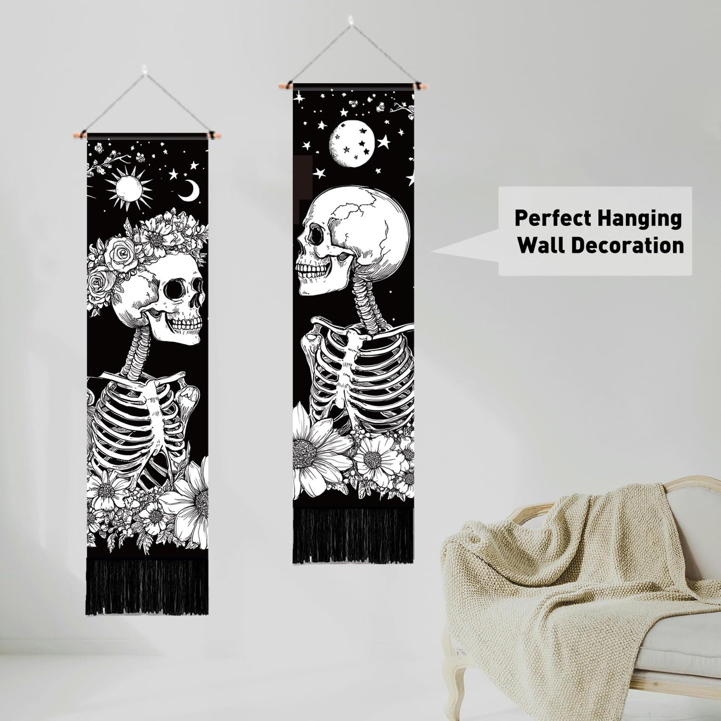 PLIGREAT 2 Pack Skull Long Tapestry Aesthetic Black and White Skeleton Wall Hanging with Tassels Sun Moon Tapestry for Bedroom Bathroom Living Room Long Narrow Wall Hanging Home Art Decor