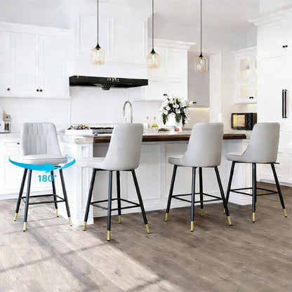 Rejeke 180° Swivel Bar Stools Set of 4, 27" Counter Height Bar Stools with Back, Swivel Light Grey Faux Leather Bar Stools for Kitchen Island, Counter Height Chairs with Metal Legs & Footrest