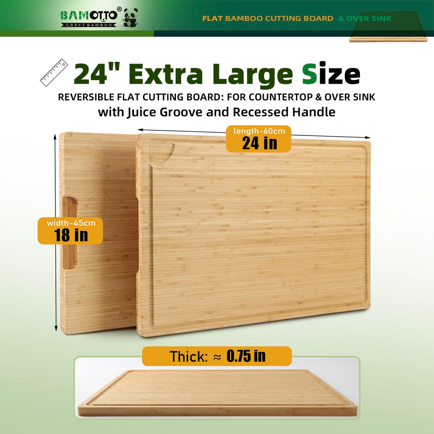 BAMOTTO CRAFTBAMBOO XXL Extra Large 100% Organic Bamboo Cutting Board 24"x18" - Butcher Block Chopping/Carving Board with Handle & Juice Groove for Turkey, Meat, Vegetables, BBQ