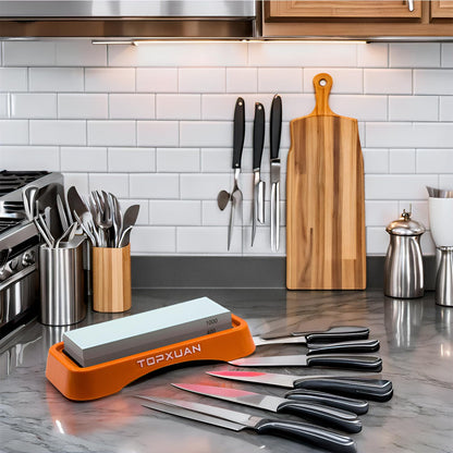 Topxuan Knife Sharpening Stone Sided 400/1000 Grit sharpener Waterstone,Professional Kitchen Whetstone with Orange Plastic Base, Non-slip Rubber and Angle Guide