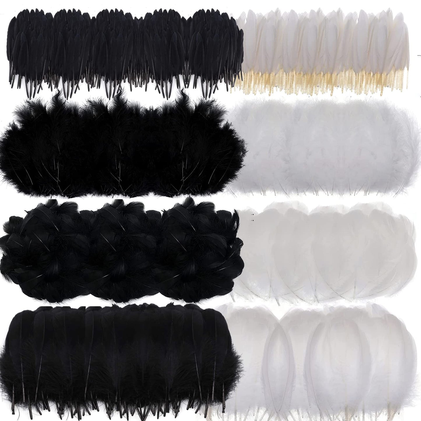 MWOOT 400Pcs Black White Feathers, 4 Assorted Crafts Feathers for Halloween Costume Wings Dream Catchers DIY Christmas Tree Wreath Wedding Decor Art Handmade