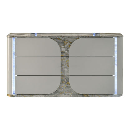 Furniture of America Bruna Modern Contemporary Wood 62.5-inch 6-Drawer Dresser with Plinth Base, Touch-Control LED, Replicated Marble Accents for Bedroom, Guest Room, Light Gray