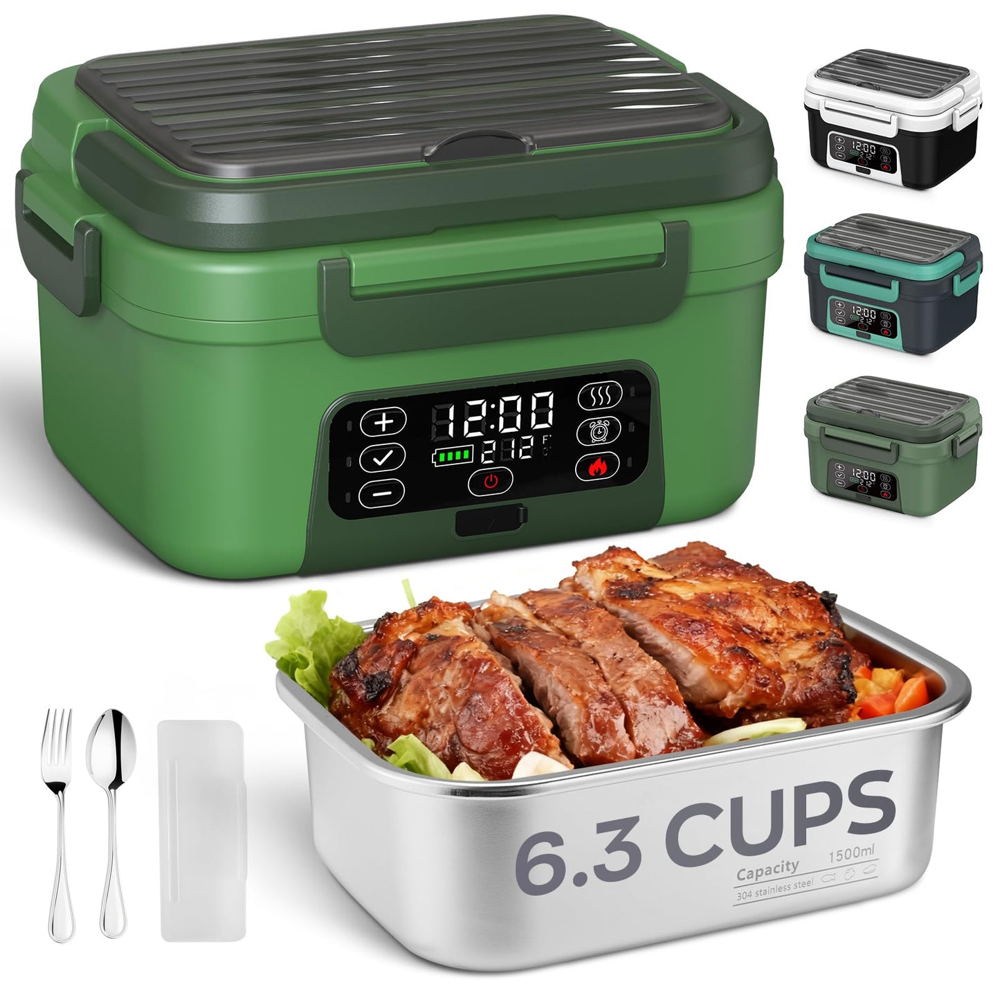 Odopok Cordless Electric Lunch Box, 6.3 Cup 100W Heated Lunch Box with 20000mAH Battery Powered for Self Heating, Including Fork Spoon and Insulated Bag for Men Women Adults, BPA Free(Dark Green)
