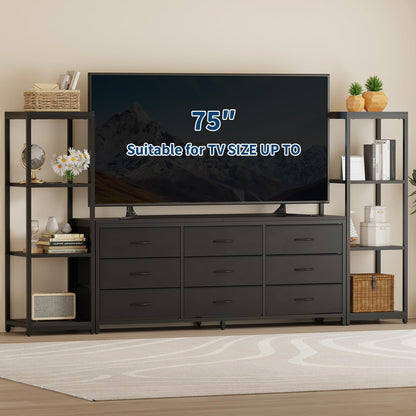 GarveeHome TV Stands Dresser with 9 Fabric Drawers, Large Entertainment Center with 2 Industrial 4-Tier Storage Shelves, Modern TV Console Cabinet for Living Room