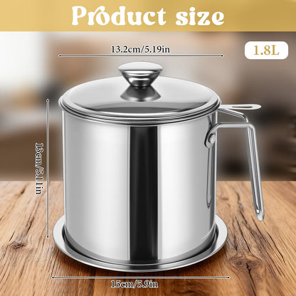 1.8L / 61 oz Bacon Grease Container with Strainer, 304 Stainless Steel Grease Container, Oil Filter with Fine Mesh Strainer and Dust-Proof Lid for Storing Frying Oil