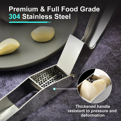 MEIAGO Garlic Press, Stainless Steel Garlic & Ginger Crusher, with Built-In Cleaner, Rust Resistant, No Peel, Large Capacity, Easy Clean，Dishwasher Safe，Silver