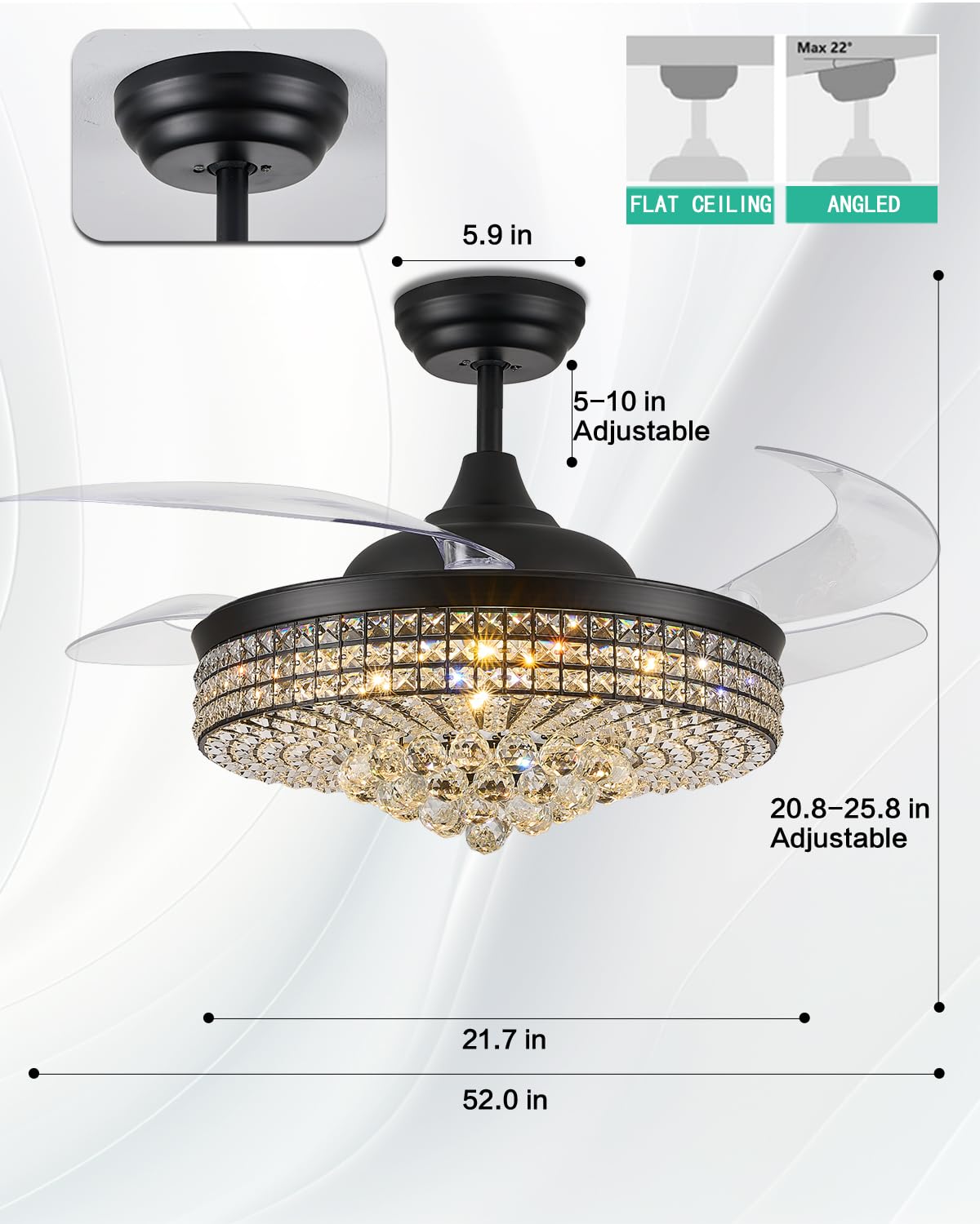 Trssdre 52" Dimmable Black Fandelier Ceiling Fans with Lights and Remote Modern Retractable Blade Crystal Chandelier Ceiling Fan for Bedroom Dinning Room Living Room