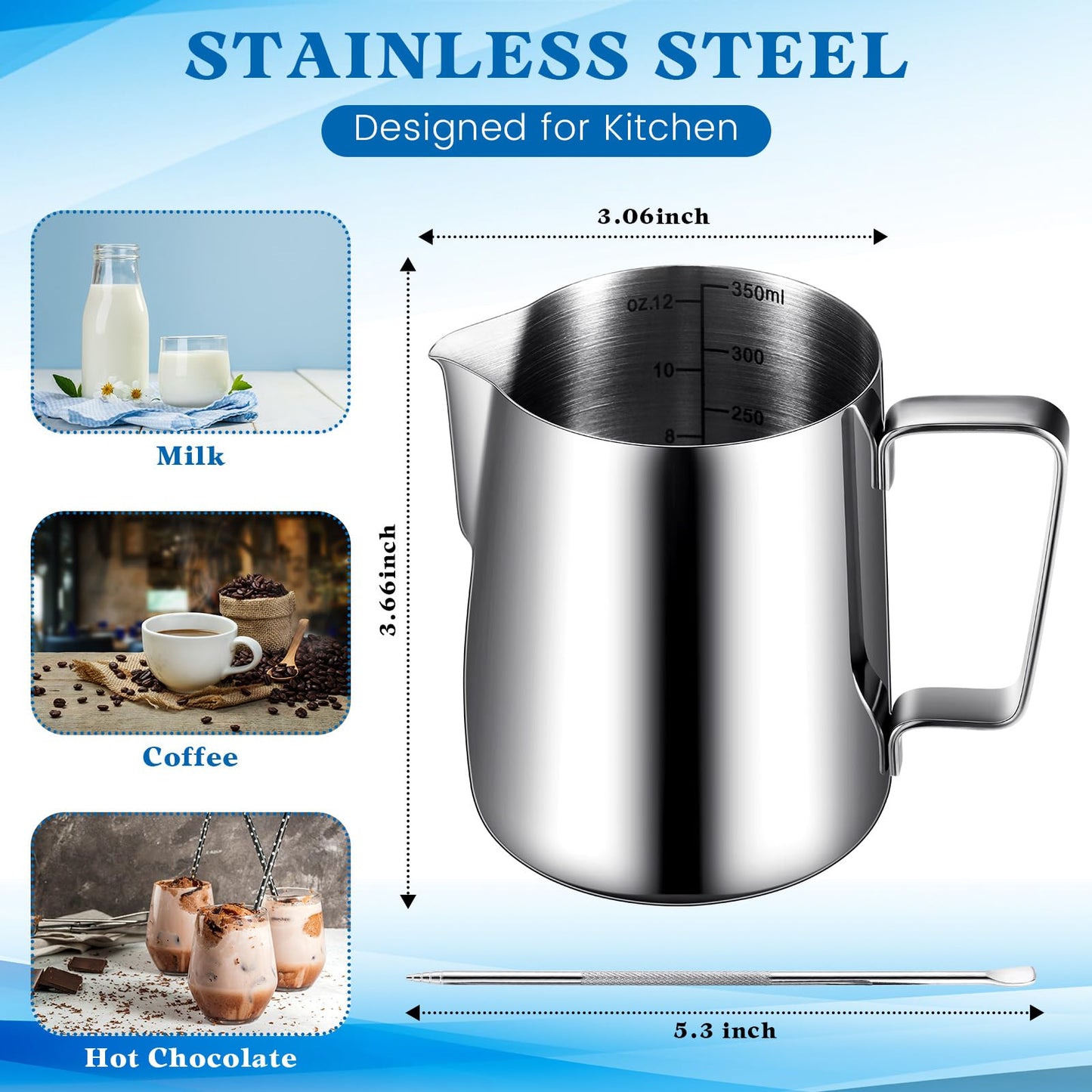 Dandat 4 Pcs Milk Frothing Pitcher 12 oz Espresso Steaming Pitcher Milk Frother Cup with Latte Art Pen Stainless Steel Coffee Bar Espresso Machine Accessories Cappuccino Barista Tools