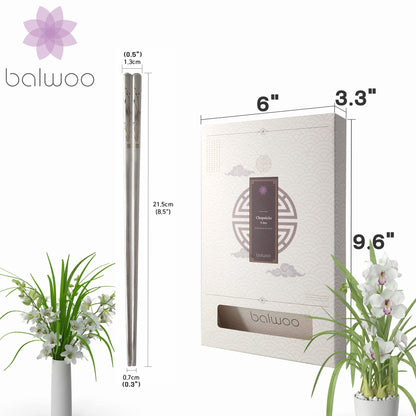 BALWOO Korean Flat Chopsticks [5 Sets][Made in Korea] 304 Premium Stainless Steel Mukbang Utensil Cutlery Silverware Metal Chopsticks (Orchid Painting)