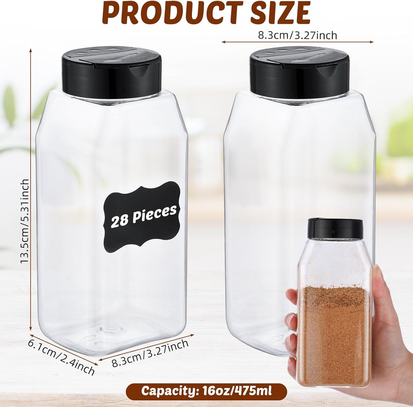 28 Pack 16 oz Mifoci Plastic Spice Jars with Cap Square Plastic Bottle Containers with Shaker Lids and Stickers Large