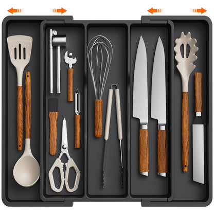 Lifewit Utensil Organizer for Kitchen Drawers, Expandable Cooking Utensil Tray, Adjustable Cutlery Silverware Flatware Holder, Plastic Spatula Tools Storage Divider, 13-22 x 15", Black