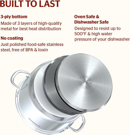 SUNHOUSE Stainless Steel Stock Pot - 7 Quart Heavy-Duty Induction Cooking Pot with Visible Lid for Pasta, Soup, Spaghetti - Nonstick Thick-Bottom Deep Stockpot for Canning, Boiling, and Simmering