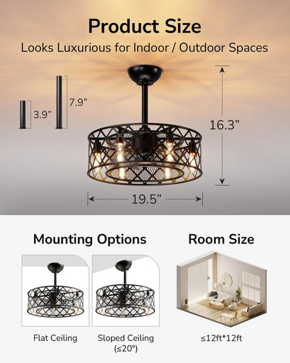 ULG 20” Caged Ceiling Fan with light, Vintage Fandelier Ceiling Fan Light Flush Mount Ceiling Fan with Remote Control, 6-Speed Quiet Wind Reversible for Small Room, Hallway, Bedroom, Porch