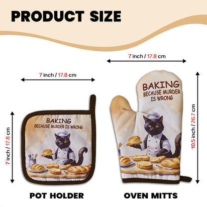 GOSJINNK Funny Baking Cat Oven Mitts and Pot Holders（Set of 2）Baking Because Murder is Wrong Baker Mitts for Kitchen Decor Silicone Non-Slip Oven Mitts Cat Lover Gift Birthday Gift for Friend Chef