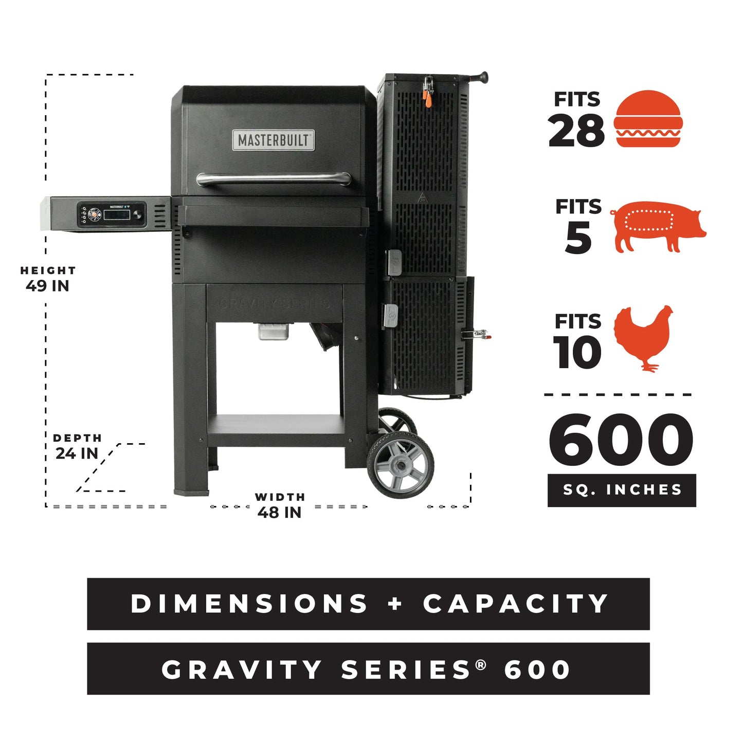 Masterbuilt® Gravity Series® 600 Smoker Grill - Digital Charcoal Grill,WiFi Technology, GravityFed™ Charcoal Hopper, 600 Cooking Sq. Inches, Black, Model MB20041023