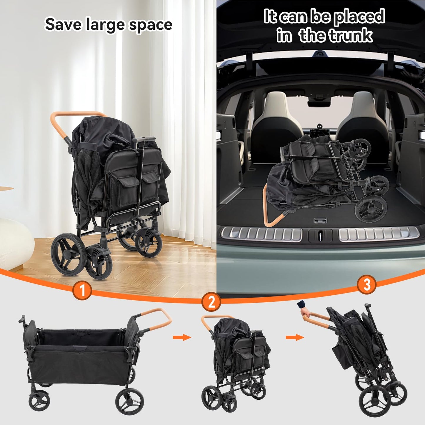 Voupou Stroller Wagon for 4 Kids Seated-Tandem Fold Stroller Push-Pull Lightweight Travel Trolley with 5-Point Harness,Adjustable Handle and Canopy,Mosquito Net,Footwells,Child Tray,Cup Holder,Storage