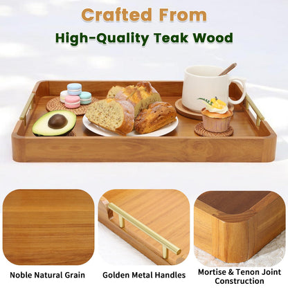 Fopeat Solid Teak Wood Serving Tray with Handles, 17"x13"x2" Rectangular Ottoman Tray for Living Room Kitchen Party, Rustic Decorative Tray for Home Coffee Table Breakfast Dinner Bar